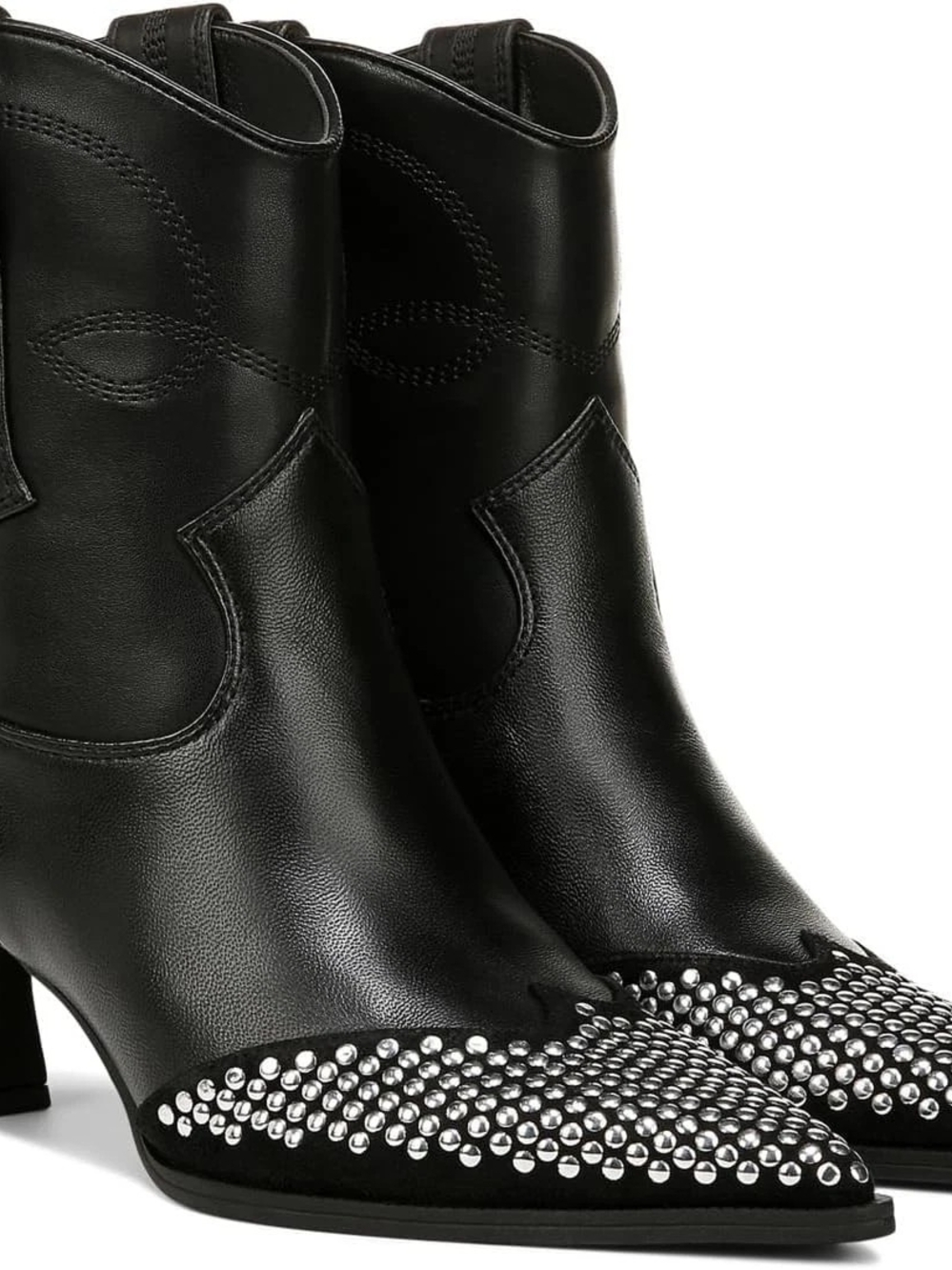 Sam Edelman Black Pointed-Toe Western Ankle Boots with Silver Studs